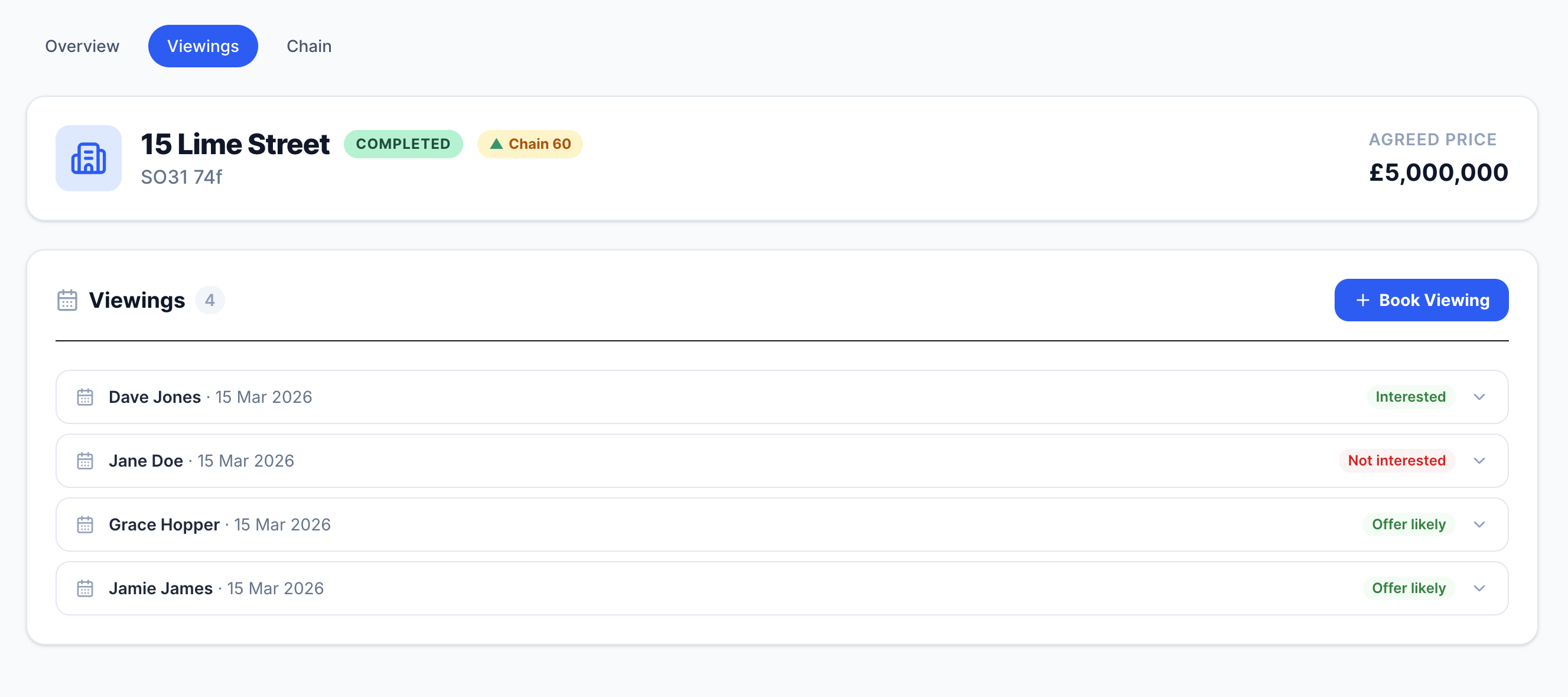 Viewings management interface