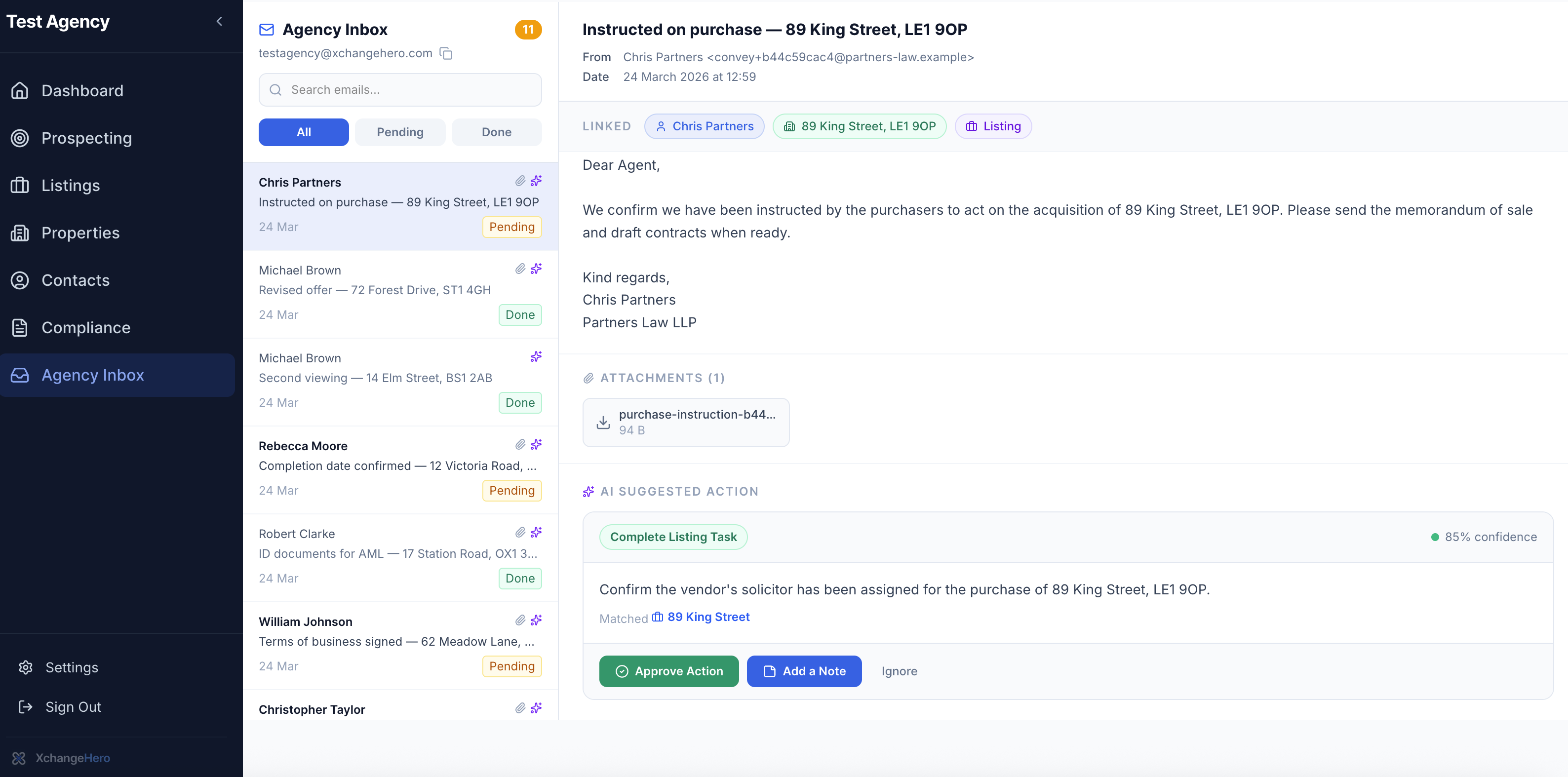 Solicitor email with Complete Listing Task suggested and inline note to save to listing