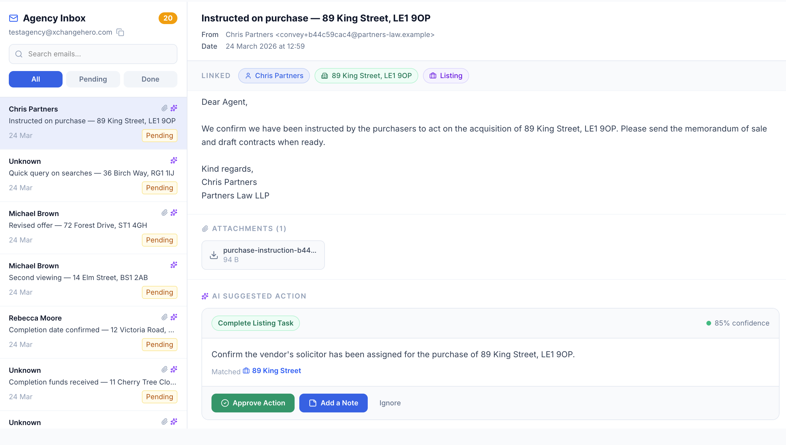 Agency Inbox showing pending emails with a revised offer open — AI linked contact, property and listing and suggested Log Offer at 85% confidence