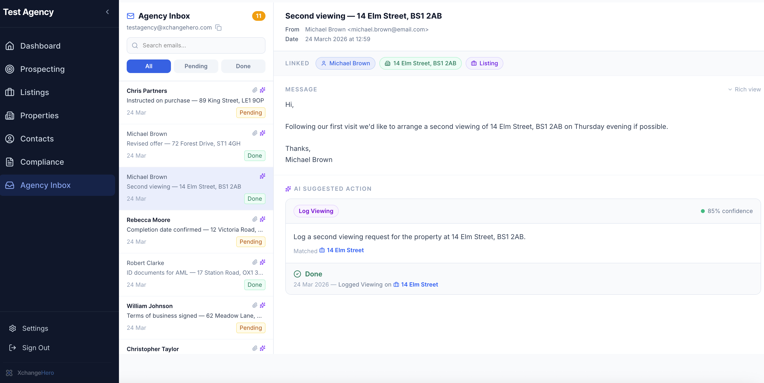 Second viewing email — marked Done with Logged Viewing confirmation on the listing