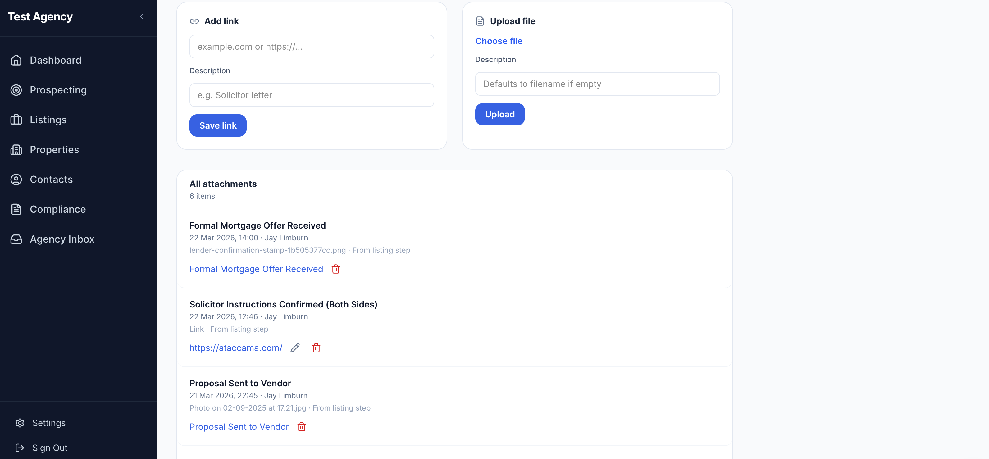 Attachments tab showing 6 items including Formal Mortgage Offer and Solicitor Instructions with timestamps