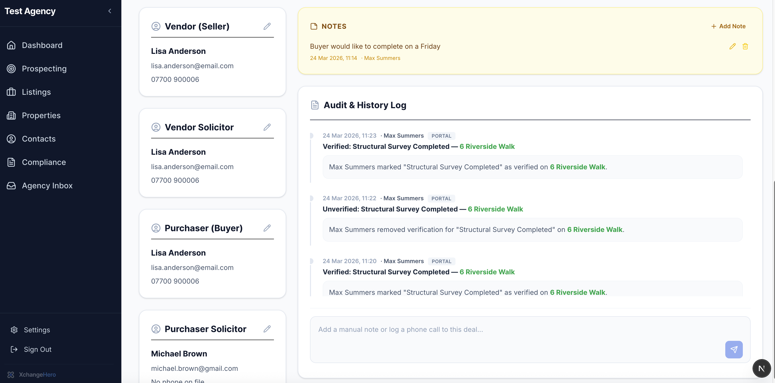 Audit and history log showing verified and unverified actions with timestamps and agent names