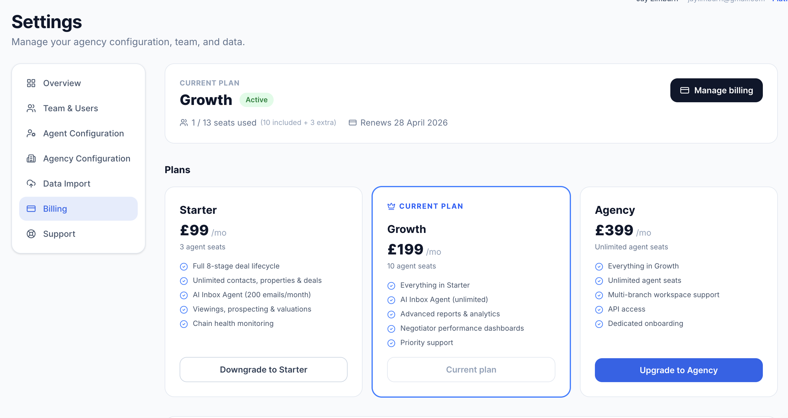 Billing page showing current plan, plan comparison cards, and extra seats section