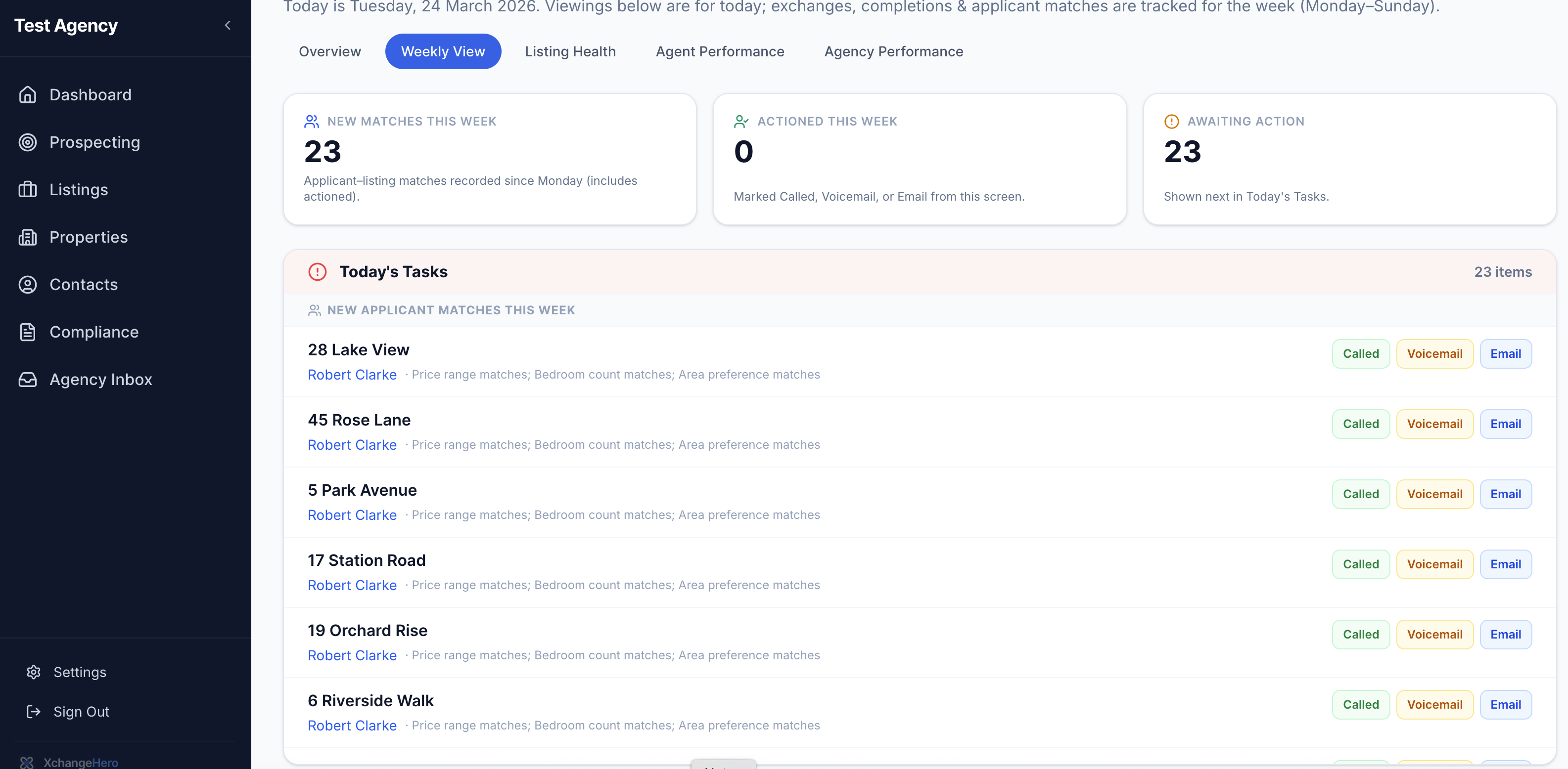 Live matches dashboard with stats and Today's Tasks list