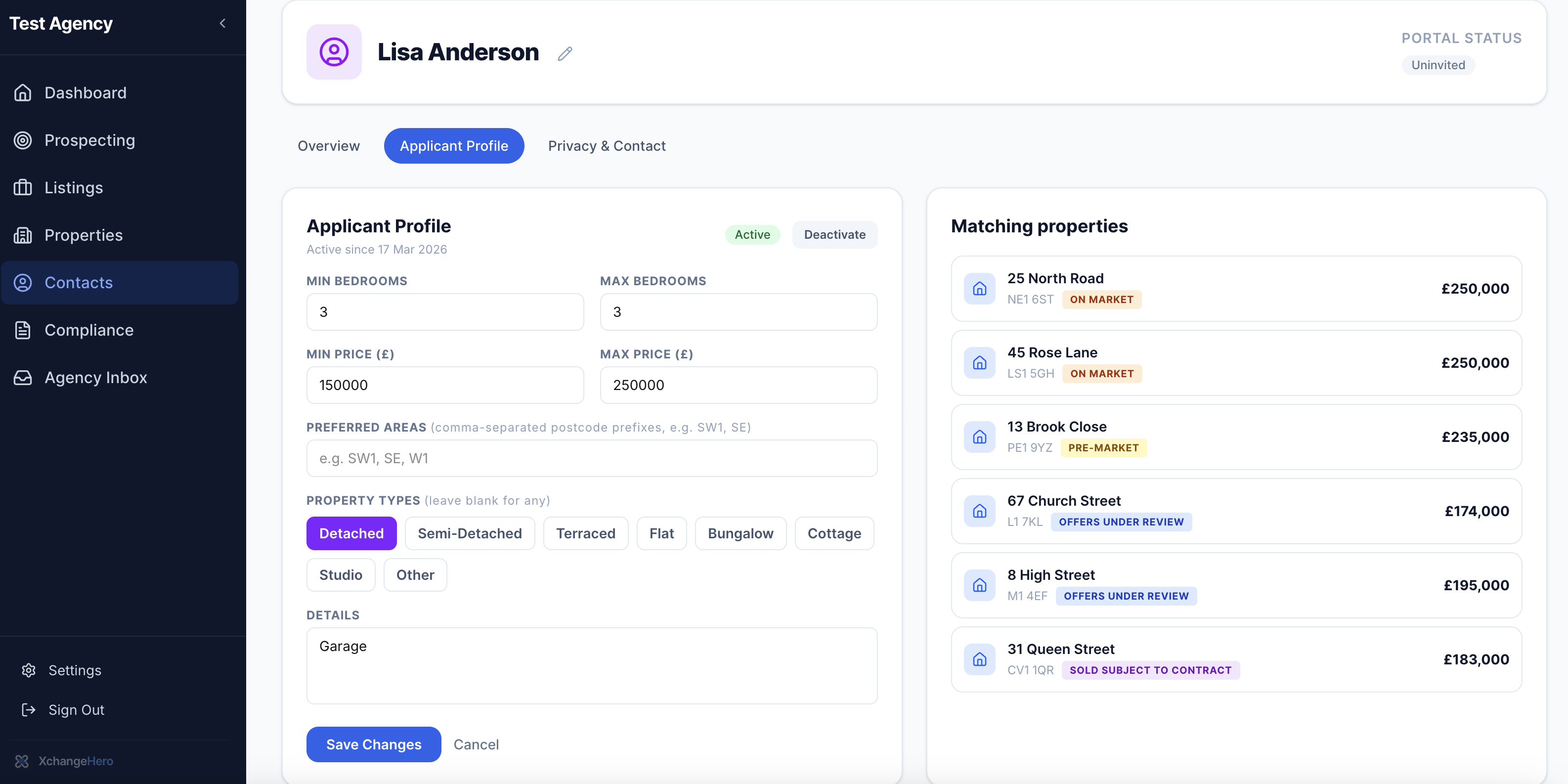 Lisa Anderson applicant profile — criteria and matching properties including Pre-Market