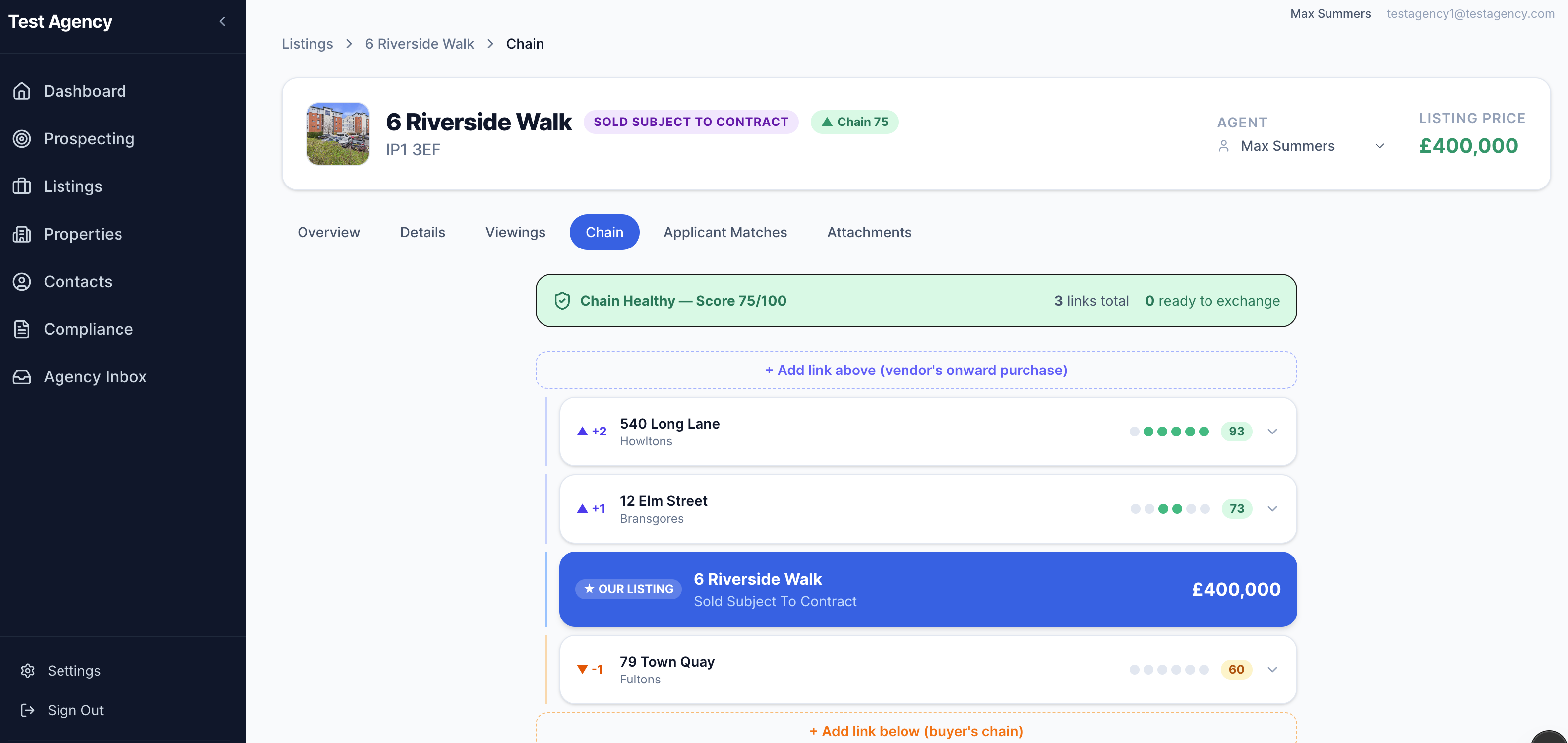 Full chain view for 6 Riverside Walk showing 540 Long Lane at 93, 12 Elm Street at 73, and 79 Town Quay at 60