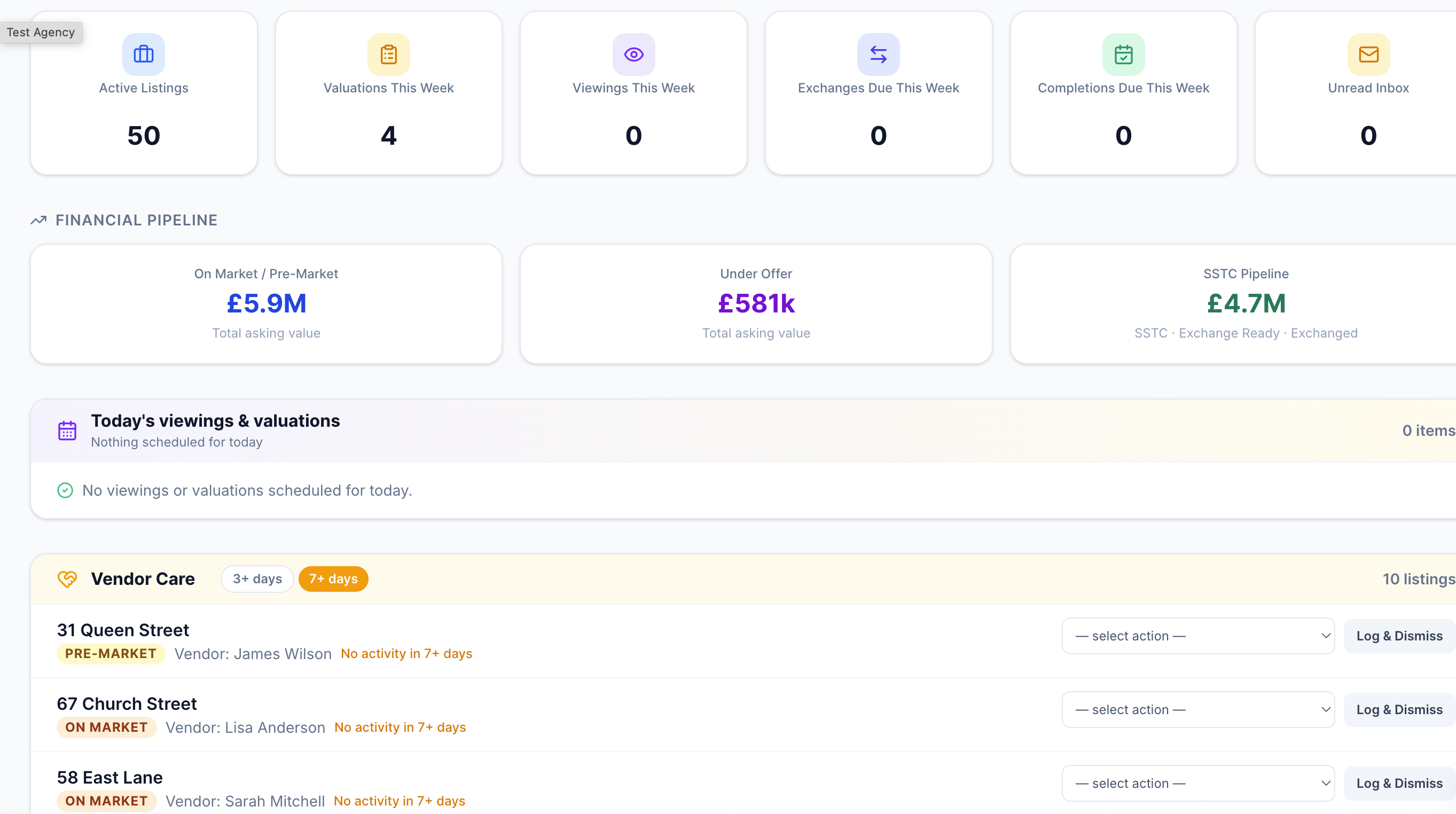 Overview dashboard showing pipeline strip, quick stats, and today's schedule
