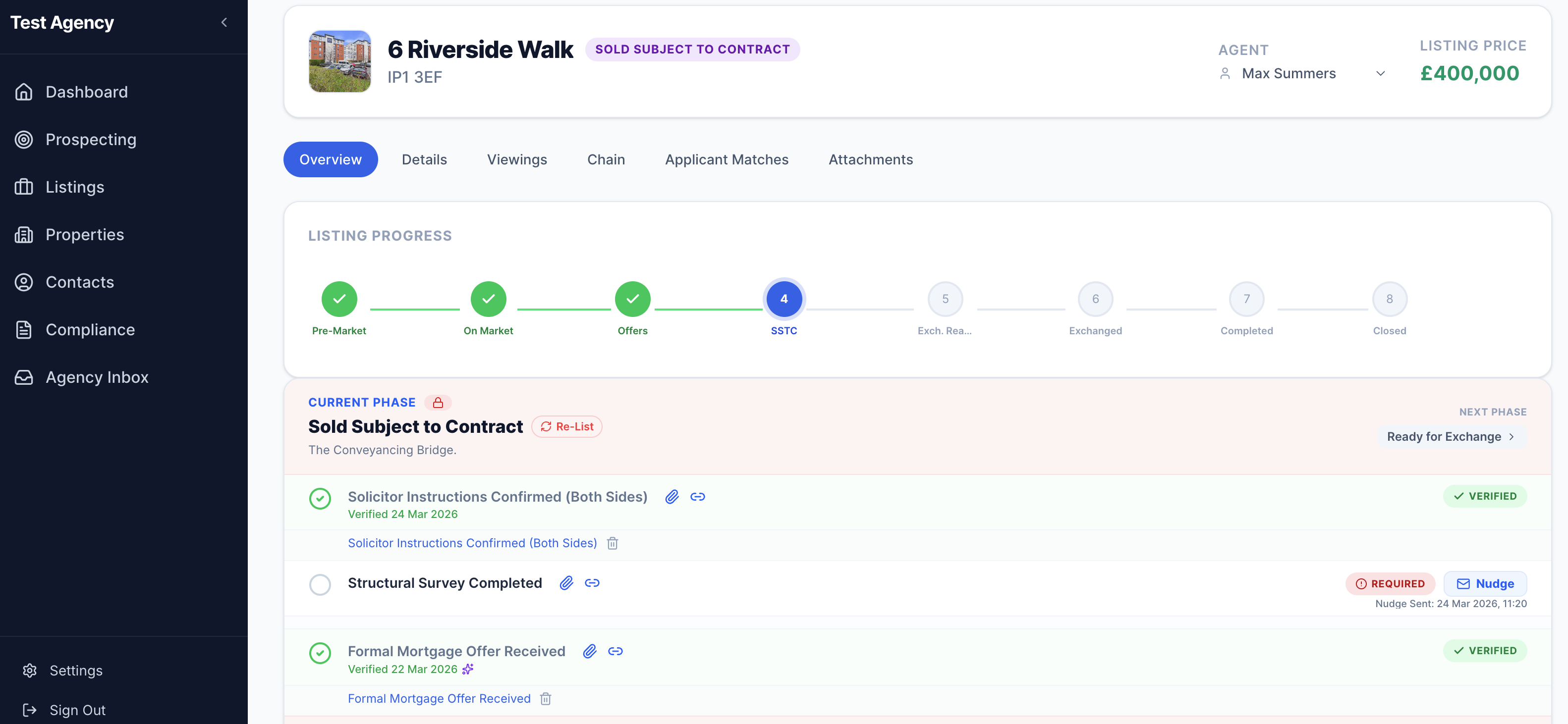 8-stage deal pipeline showing 6 Riverside Walk at SSTC stage with verified and required checklist items