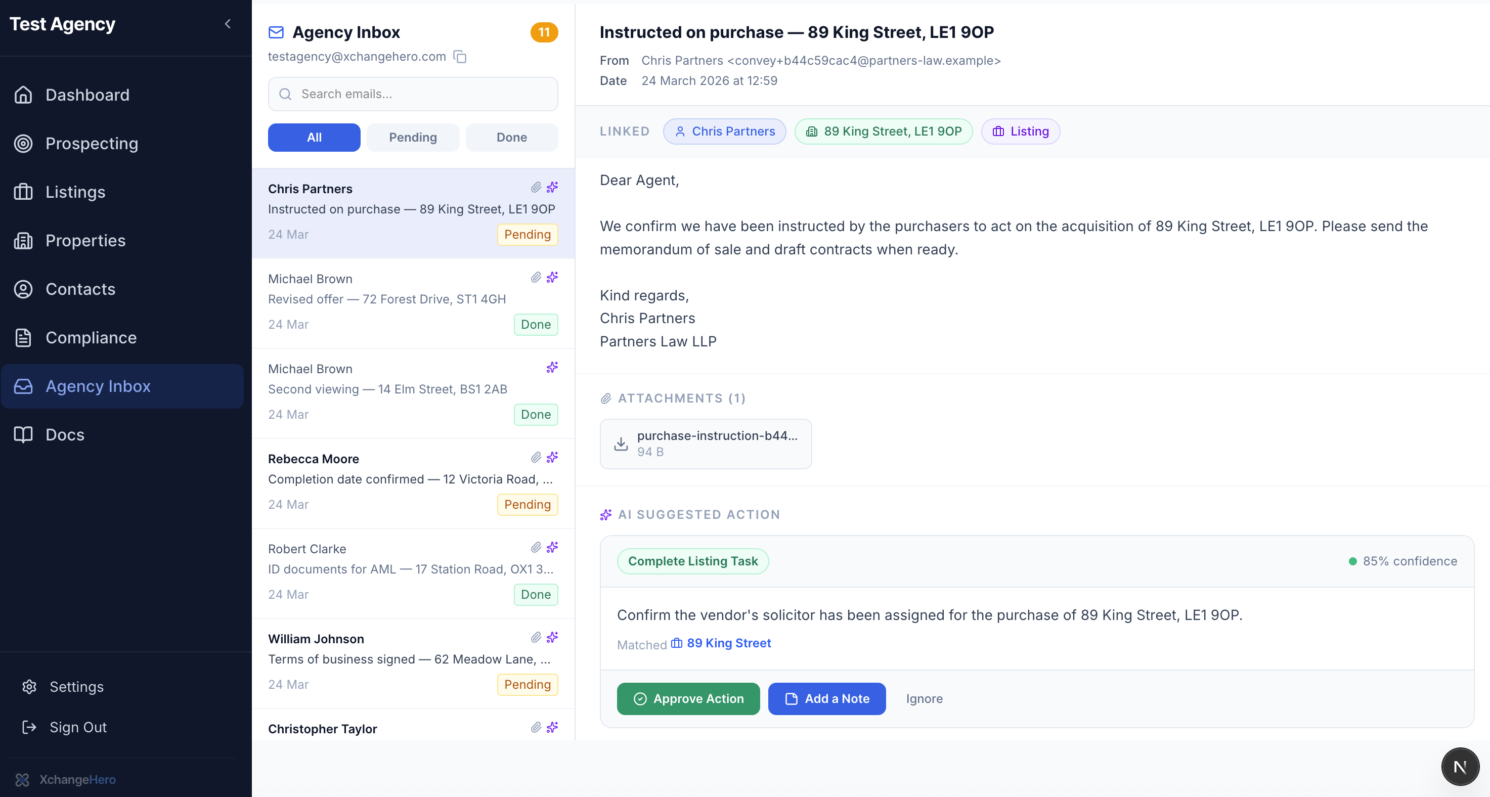 Agency Inbox with agency email address visible