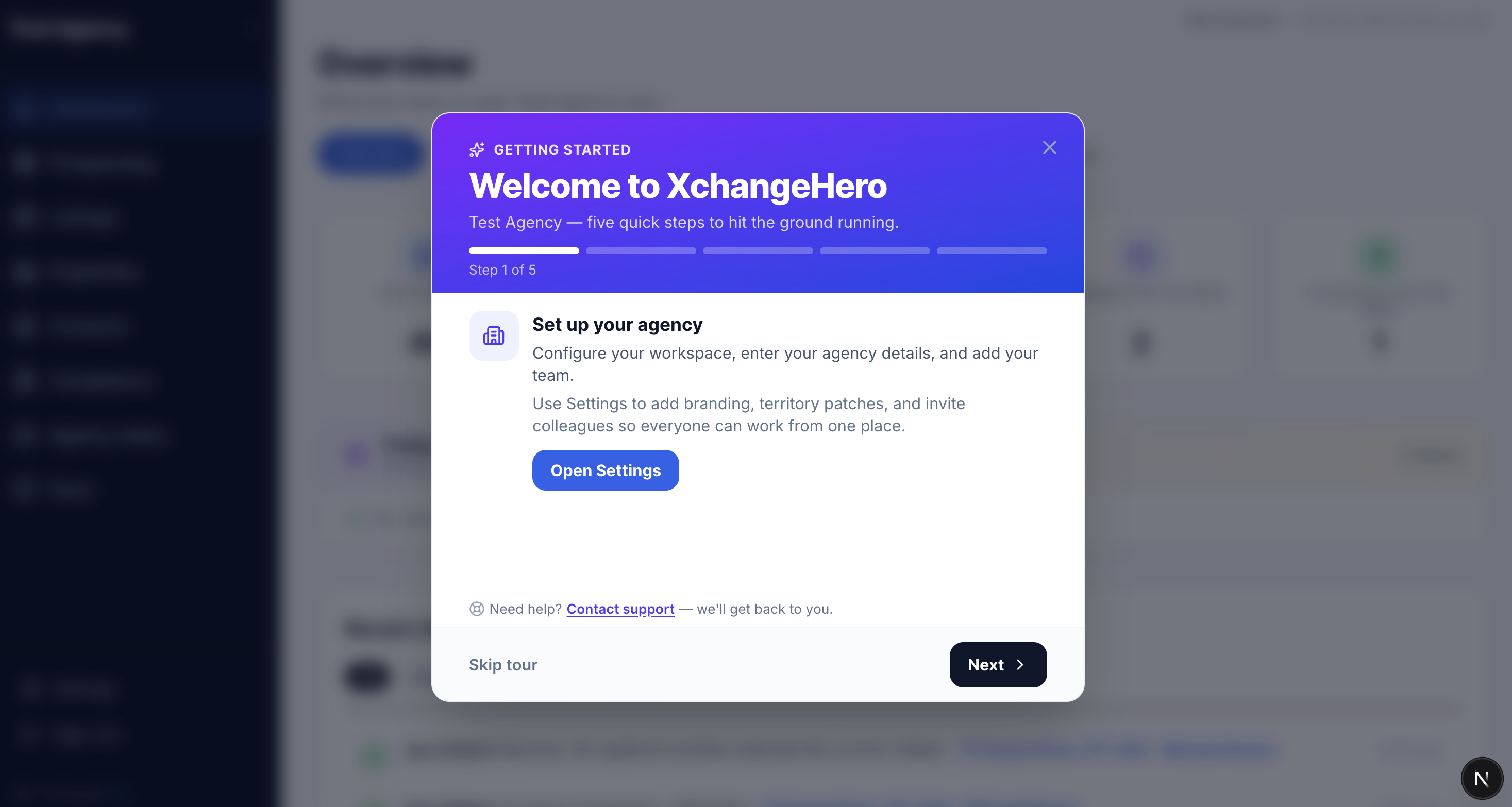 Getting started welcome modal with progress bars and step copy