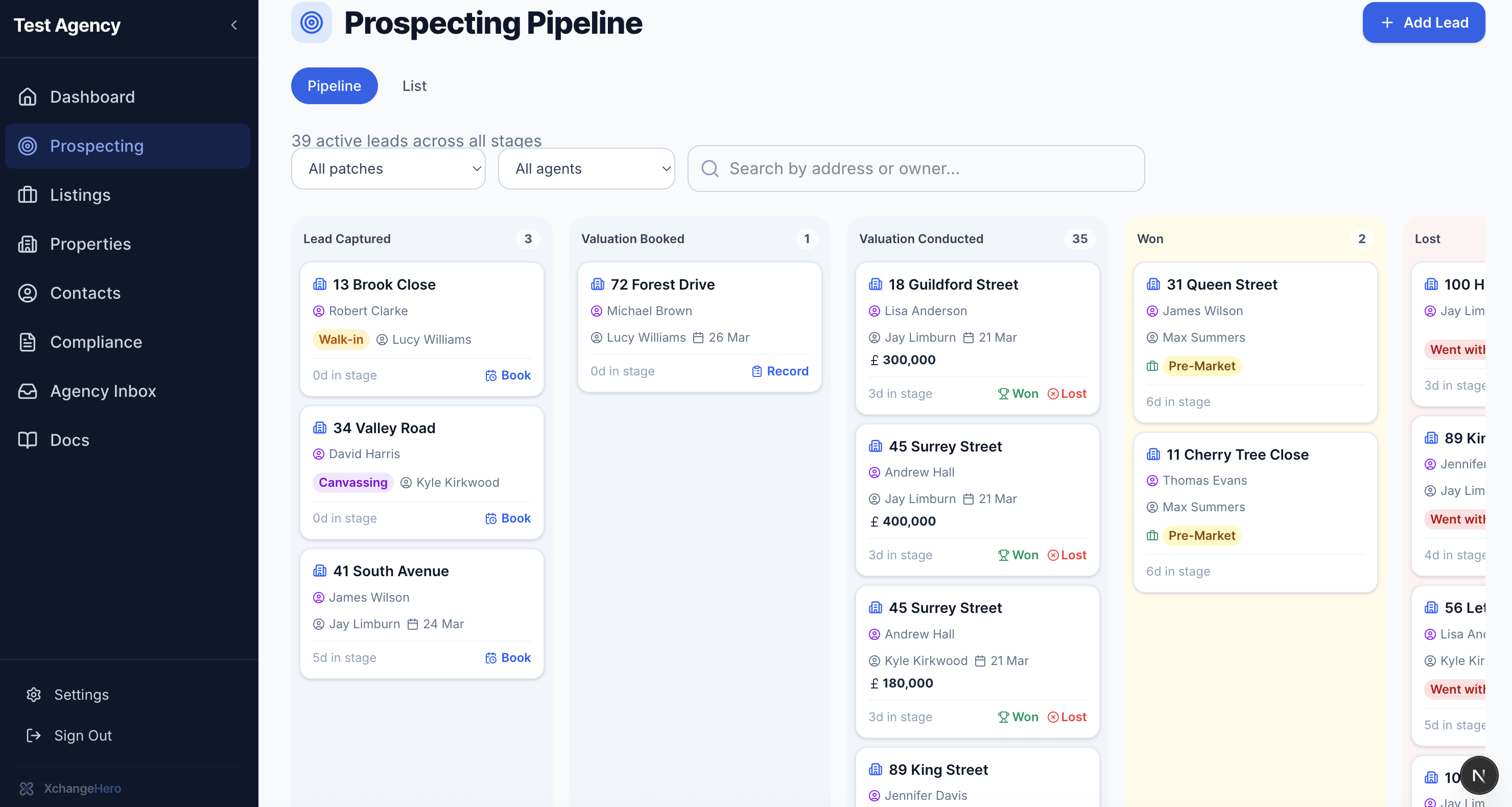 Prospecting pipeline board with columns for lead stages
