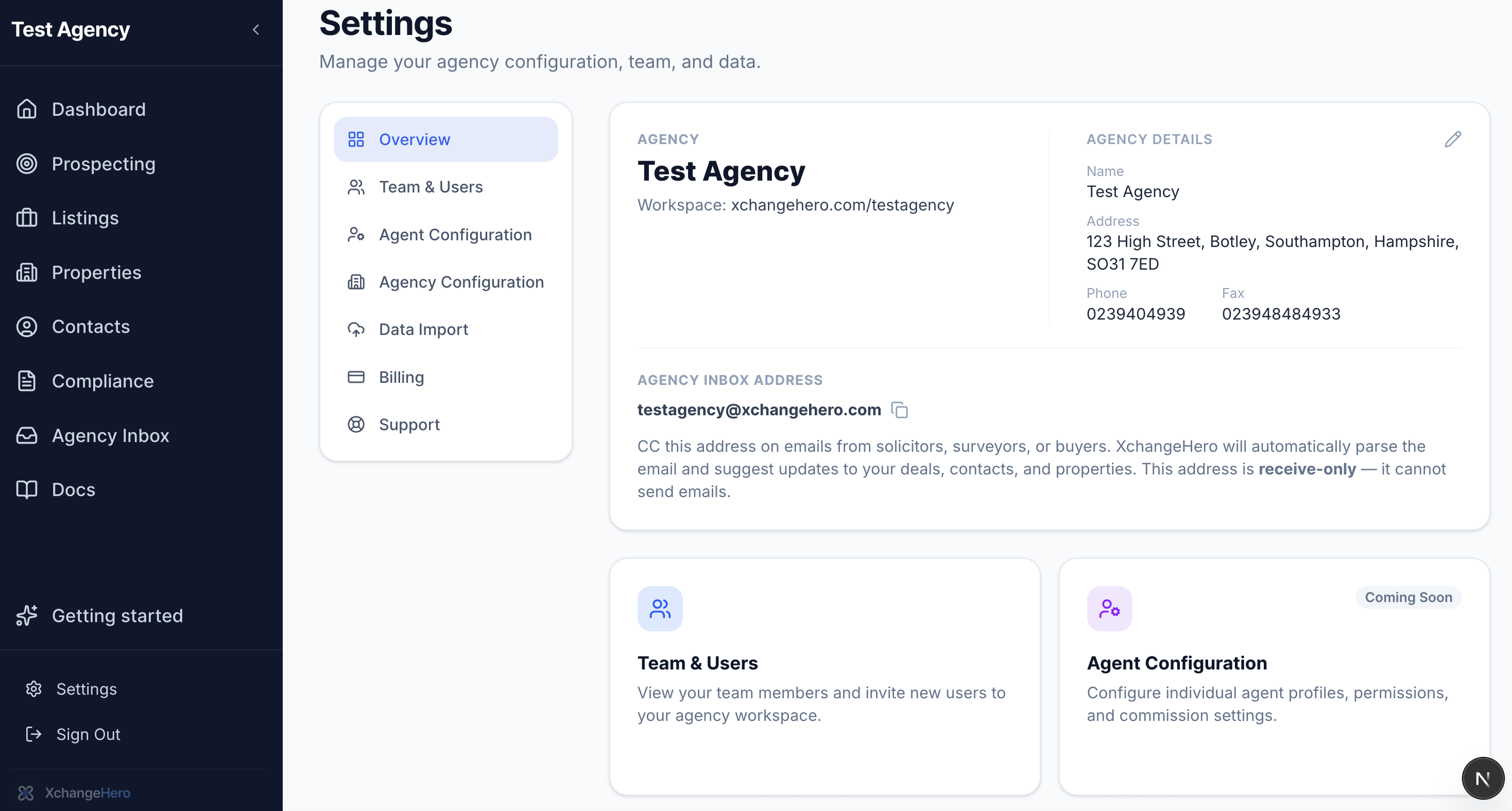 Settings hub showing cards for agency, team, migration, and more