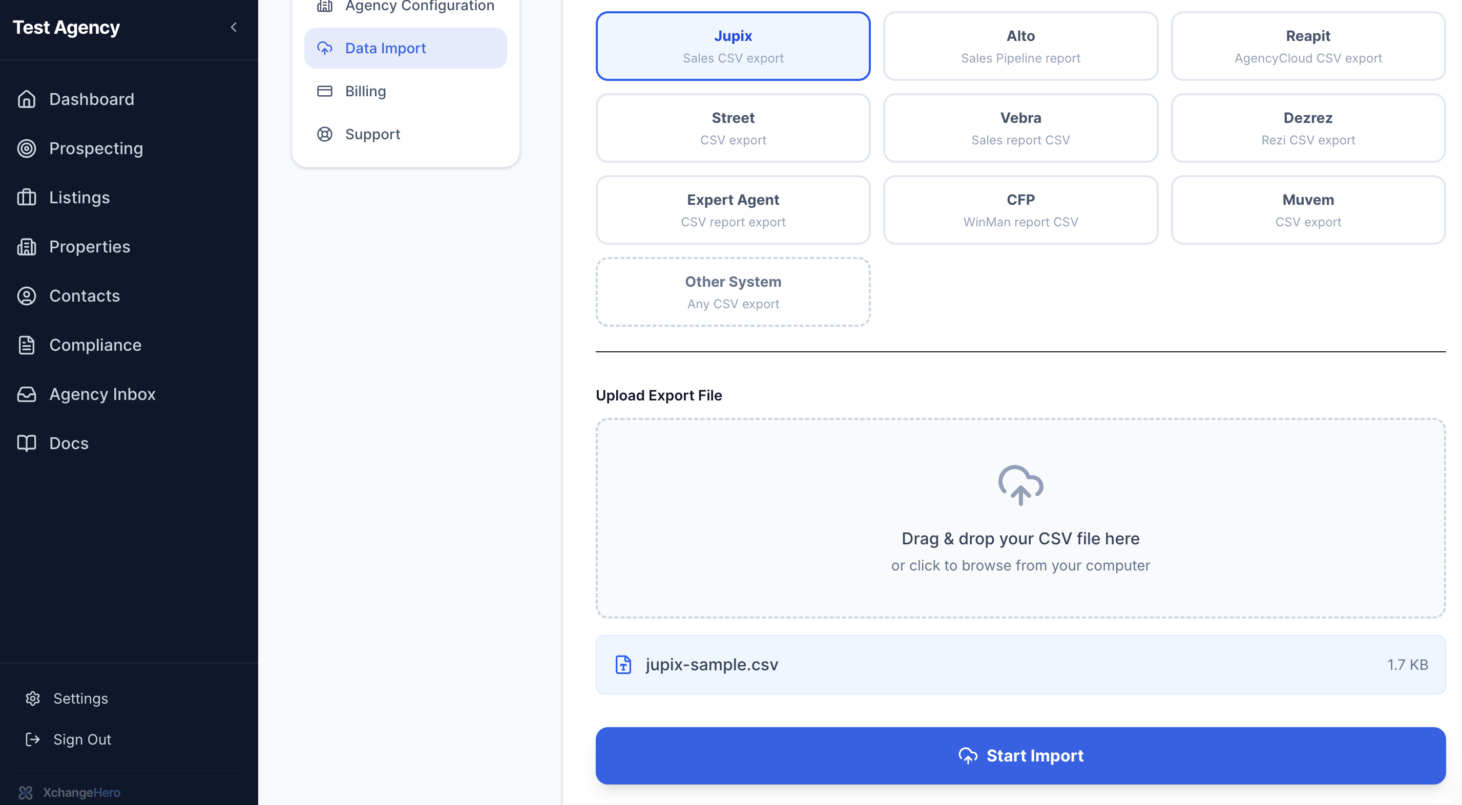 Migration page with CSV file chosen and ready to import