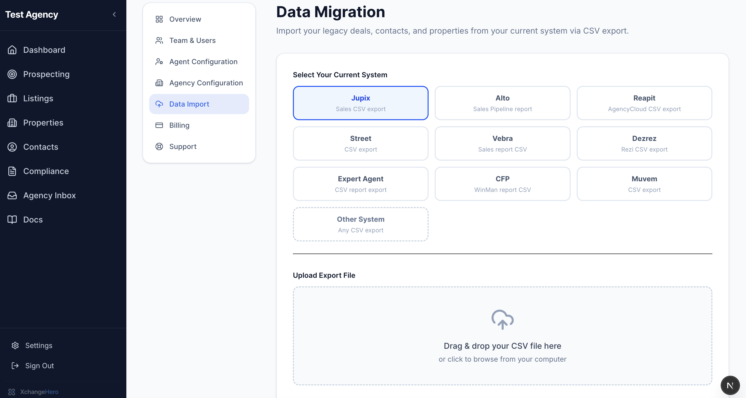 Data migration page with source system selector and instructions