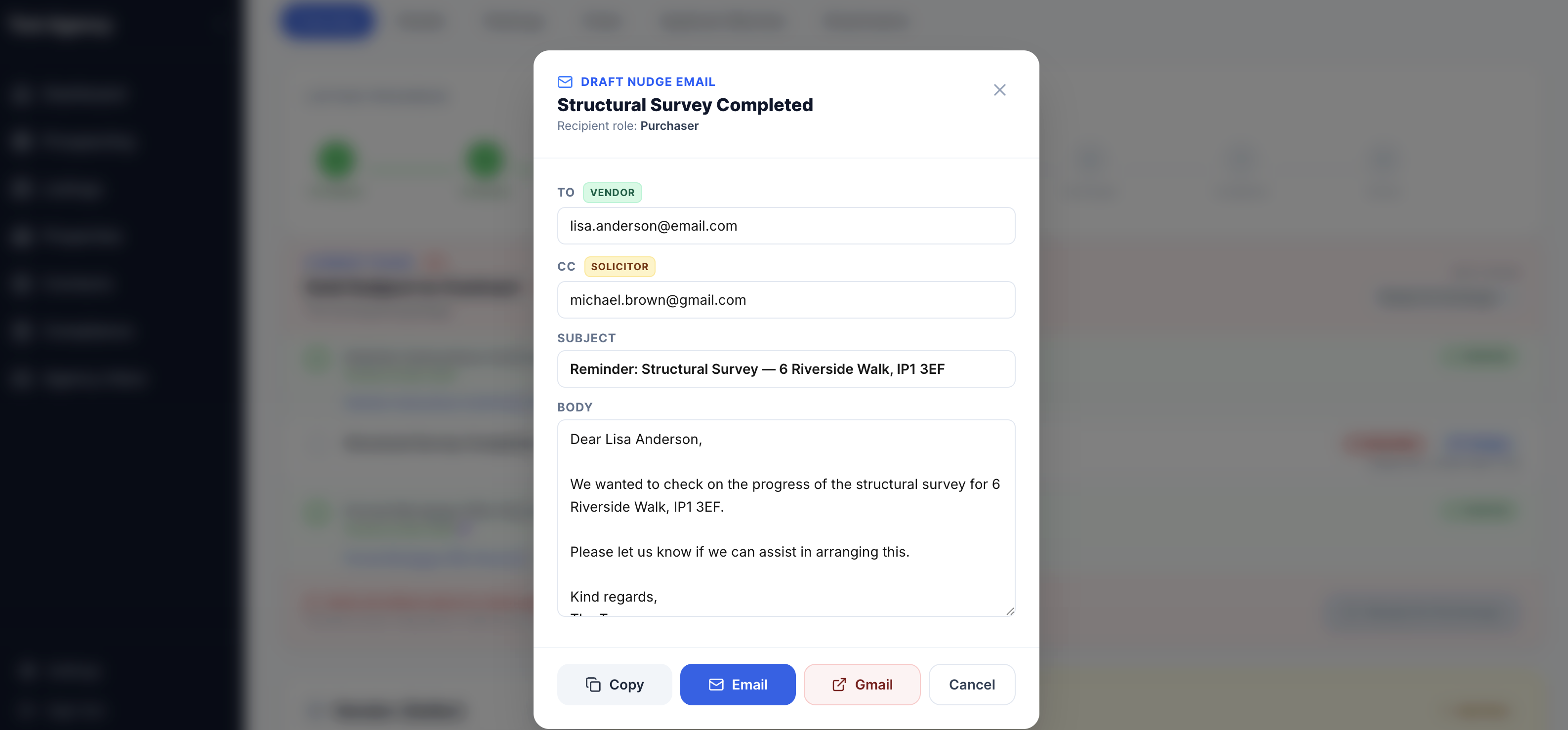 Nudge email draft modal for Structural Survey Completed, addressed to Lisa Anderson CC Michael Brown