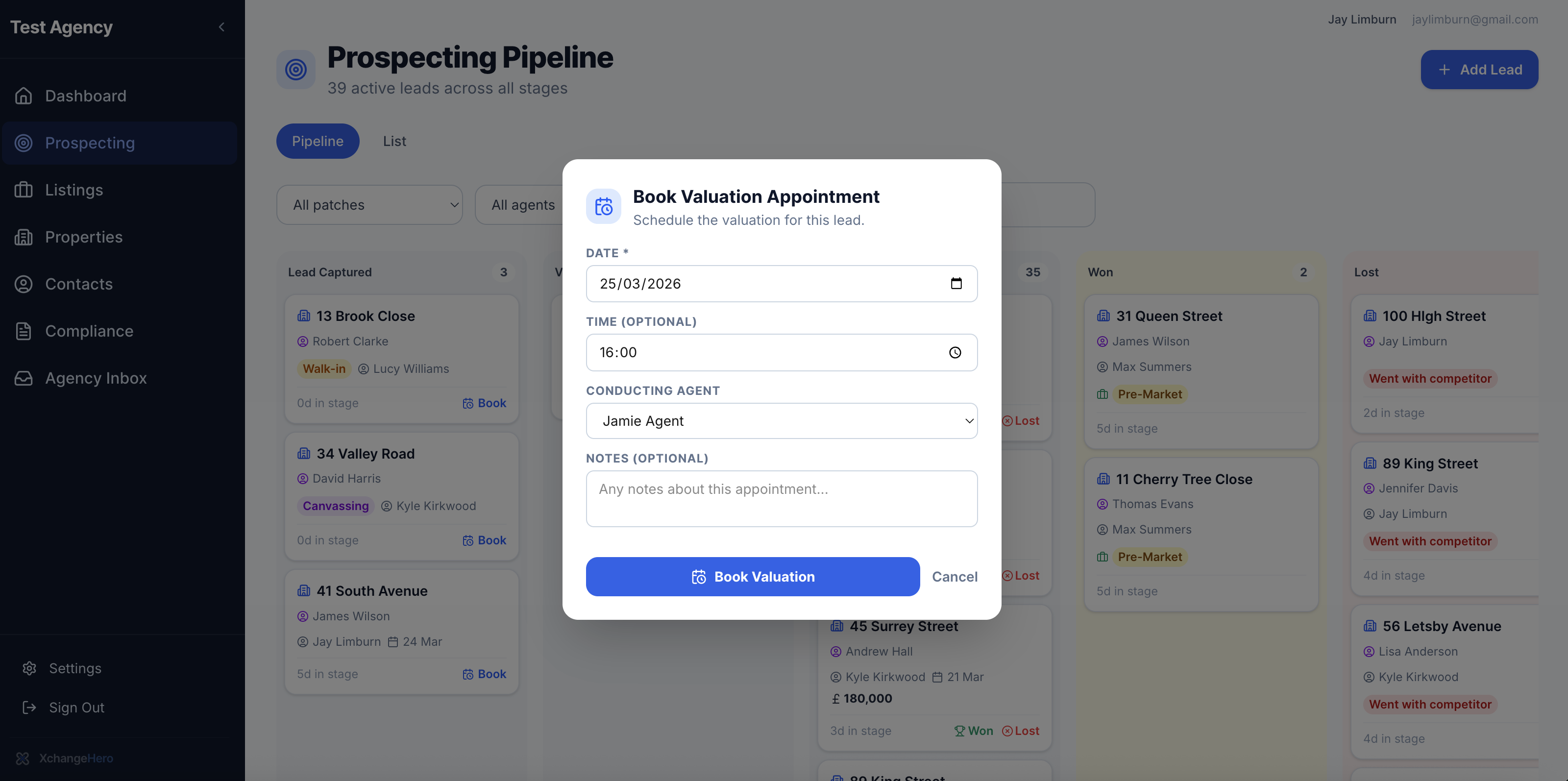 Book Valuation Appointment modal with date, time, agent and notes