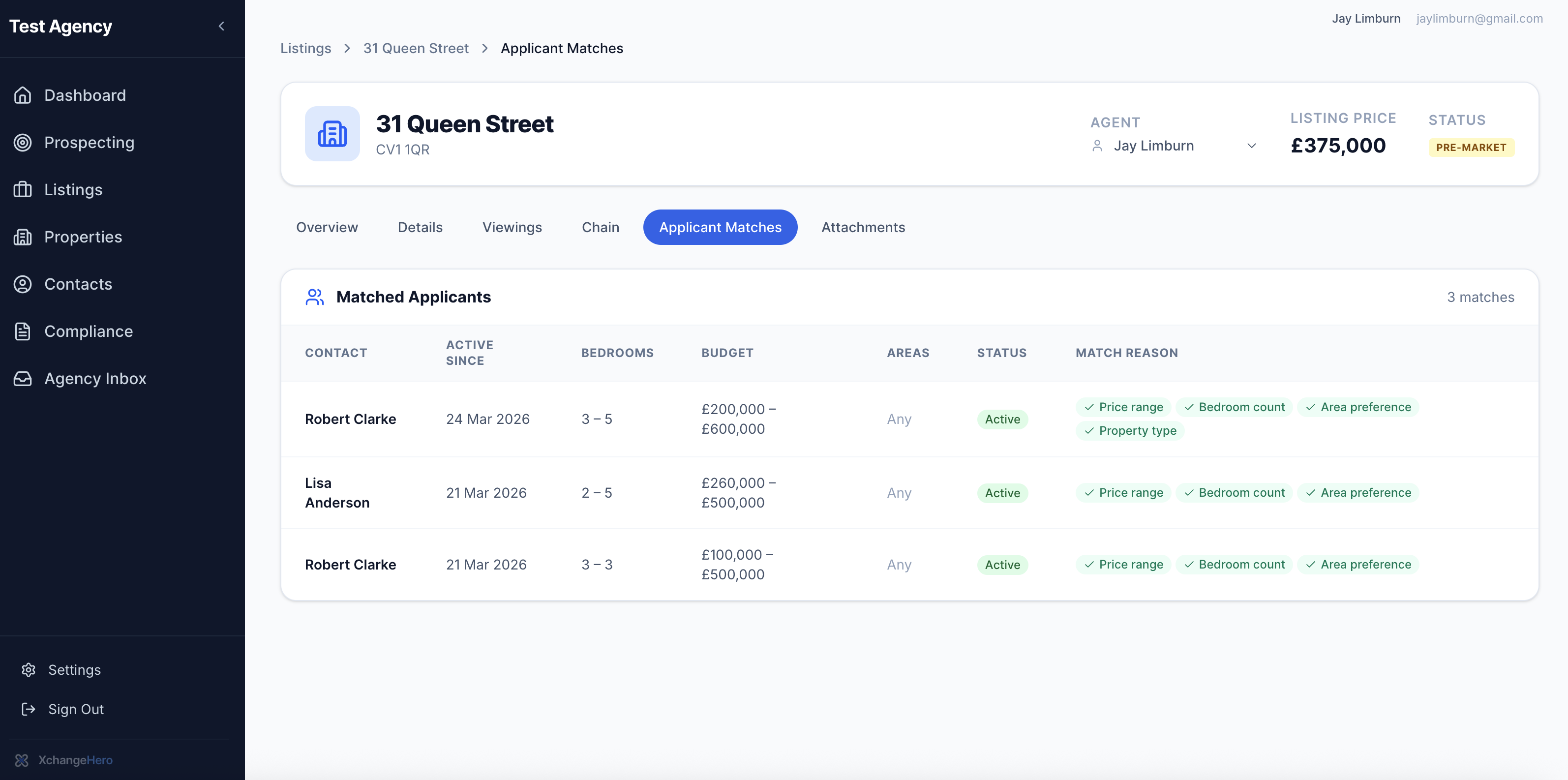 Applicant Matches tab on new listing with matched buyers before go-live