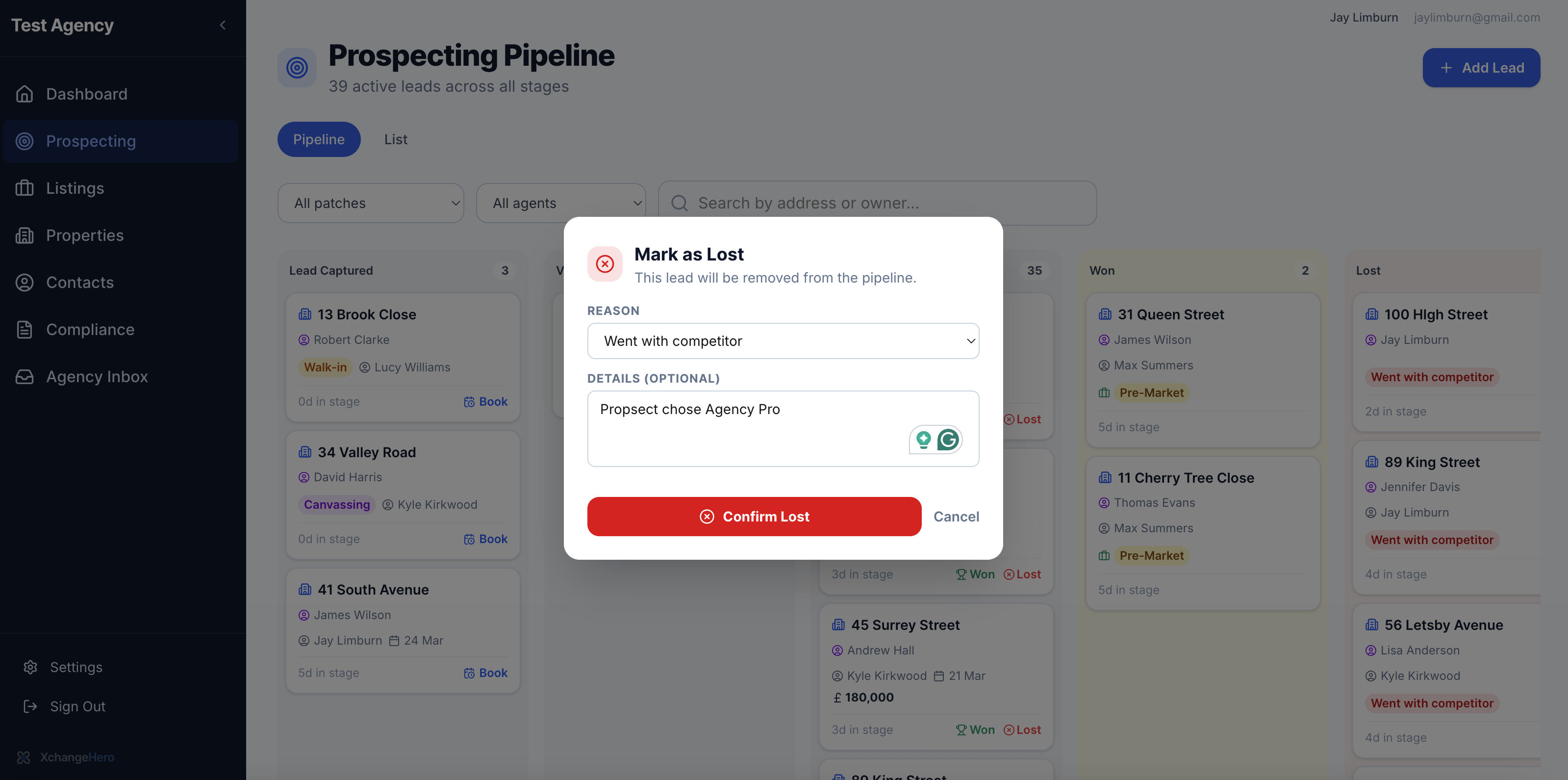Mark as Lost modal with structured reason dropdown