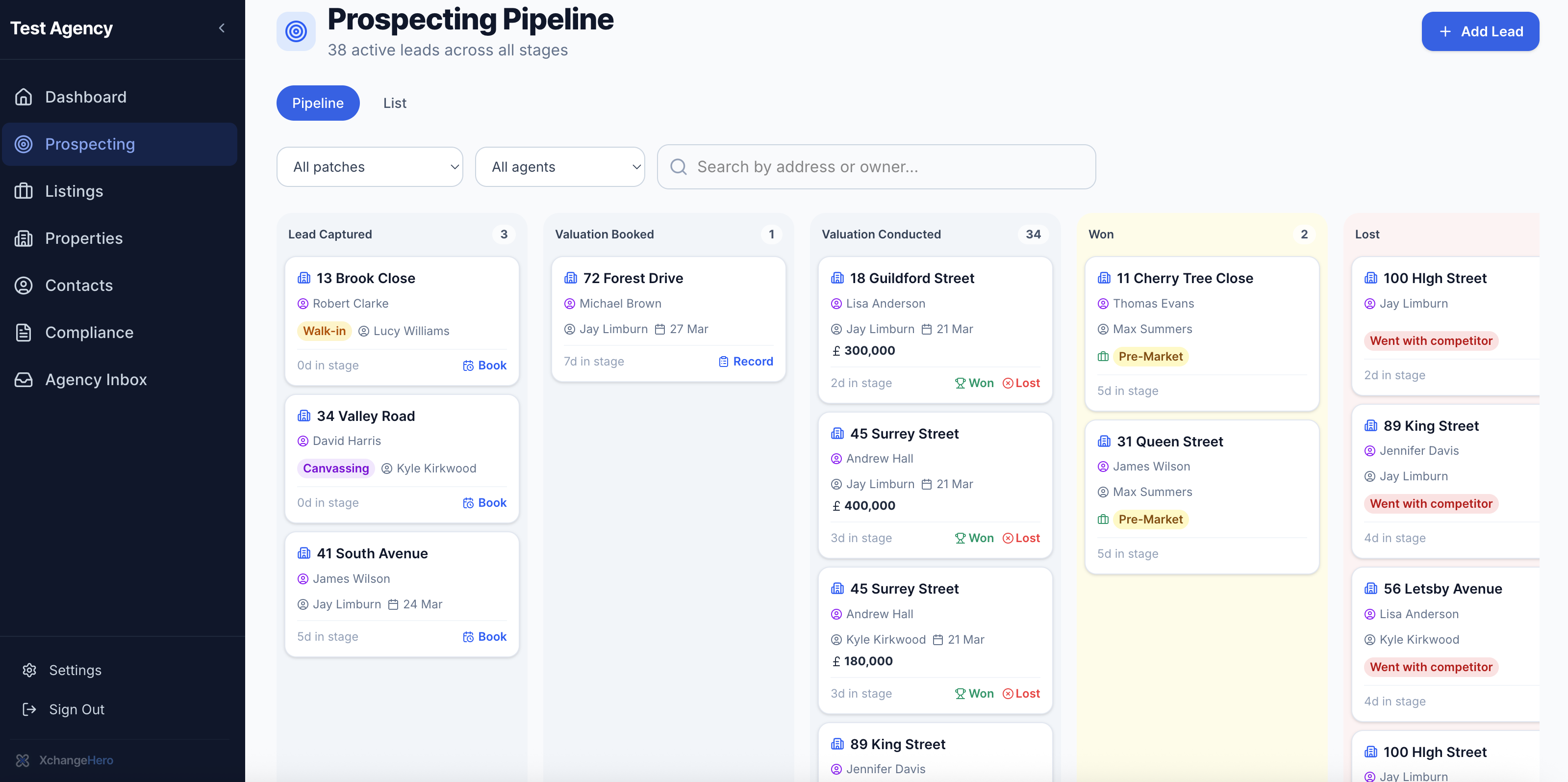 Prospecting pipeline Kanban with leads across five stages