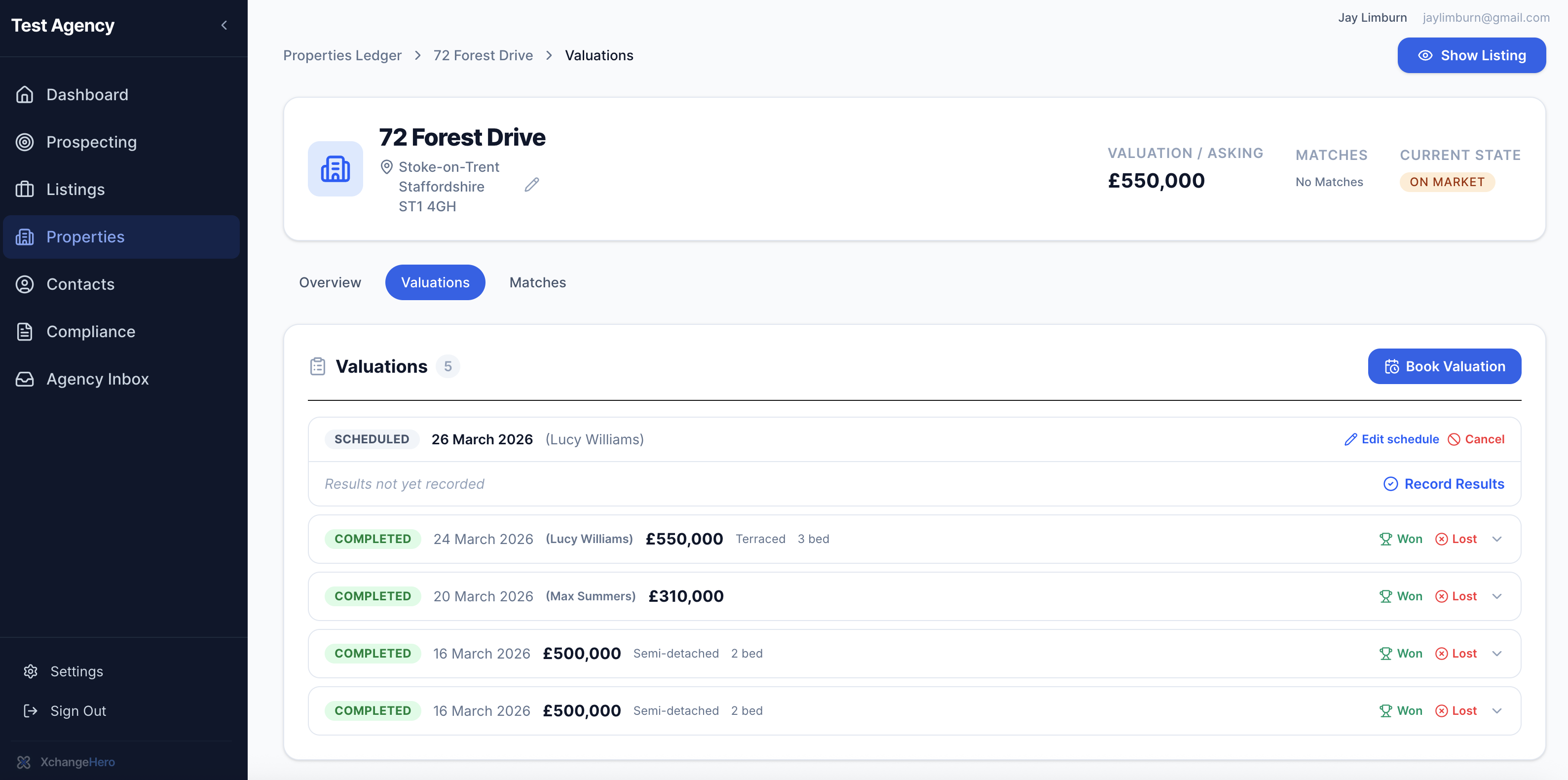 Property Valuations tab with multiple completed valuations and outcomes