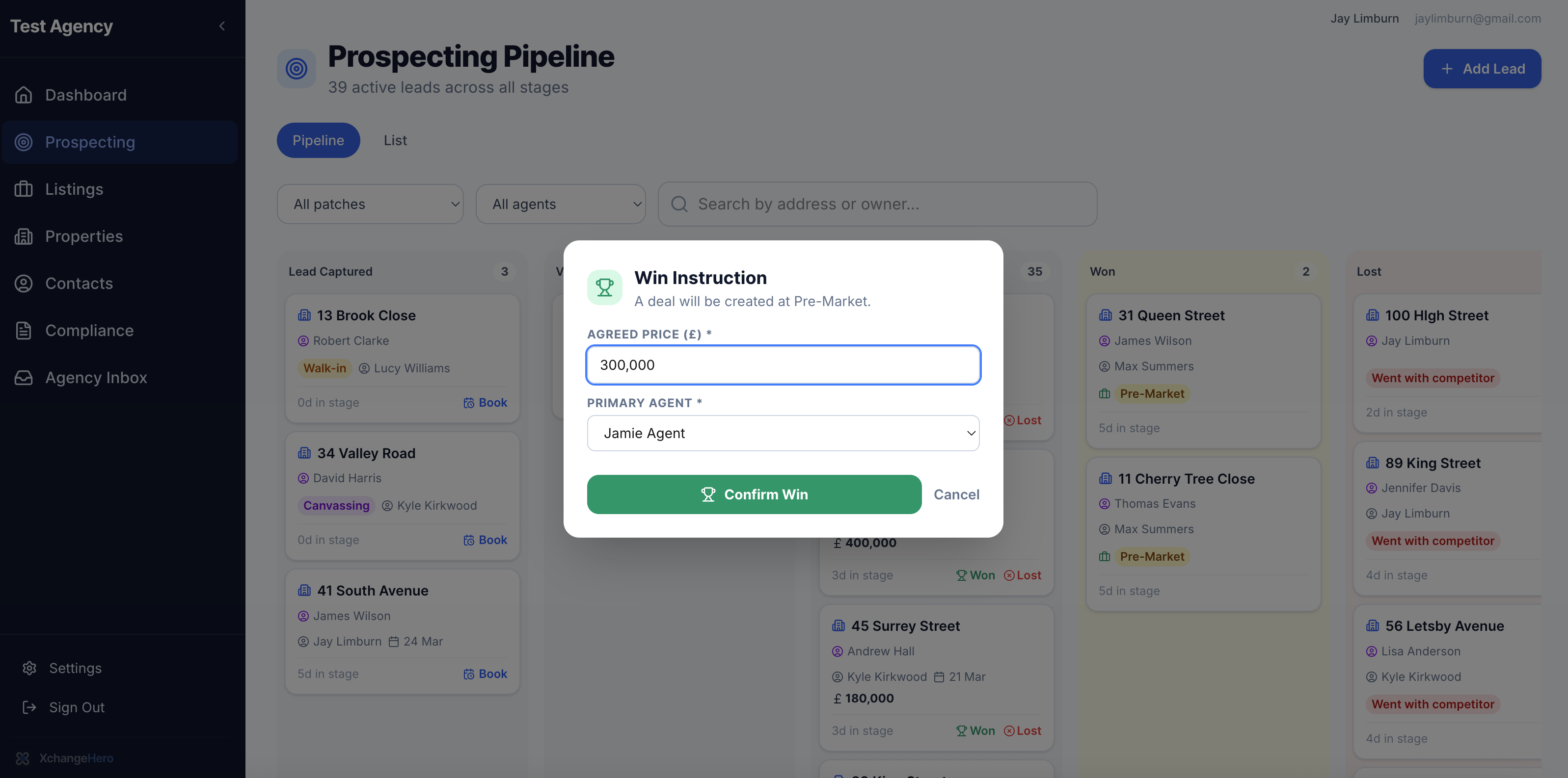 Win Instruction modal with agreed price and primary agent