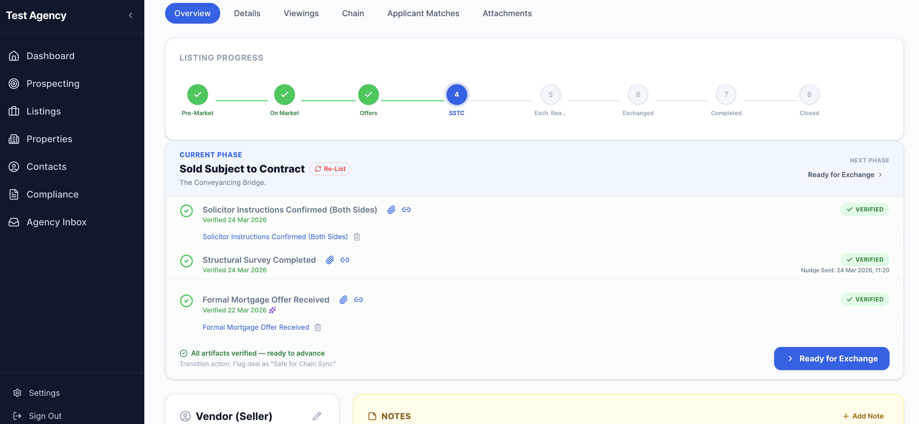 Green banner reading All artifacts verified — ready to advance, with Ready for Exchange button