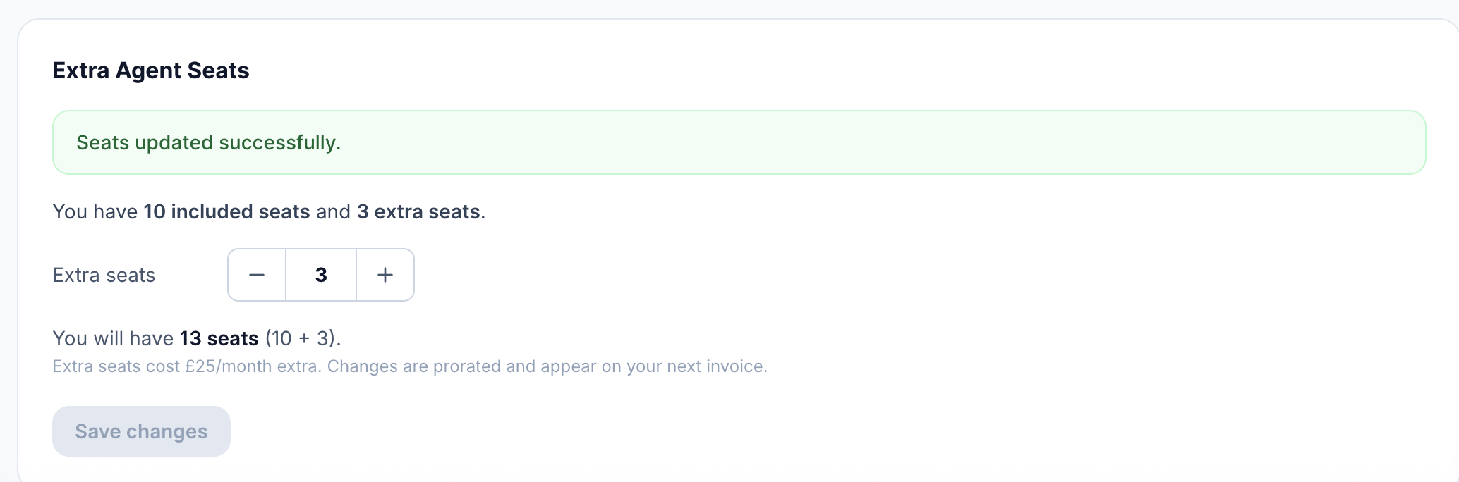 Extra Agent Seats section in Billing settings with +/- picker