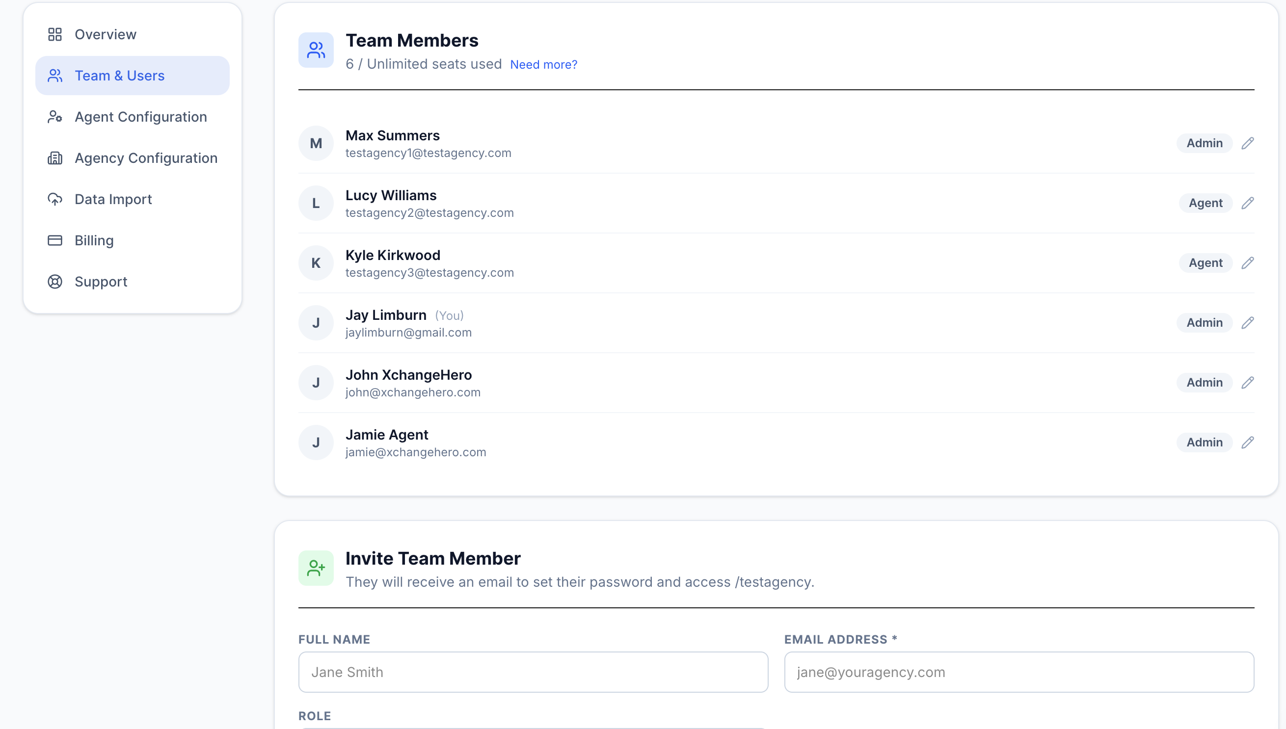 Team settings page showing invite form and list of current members