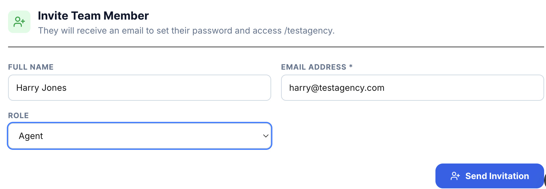 Invite team member form with email name and role fields