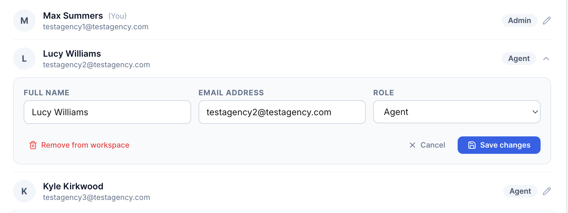 Team members list with roles and expandable rows
