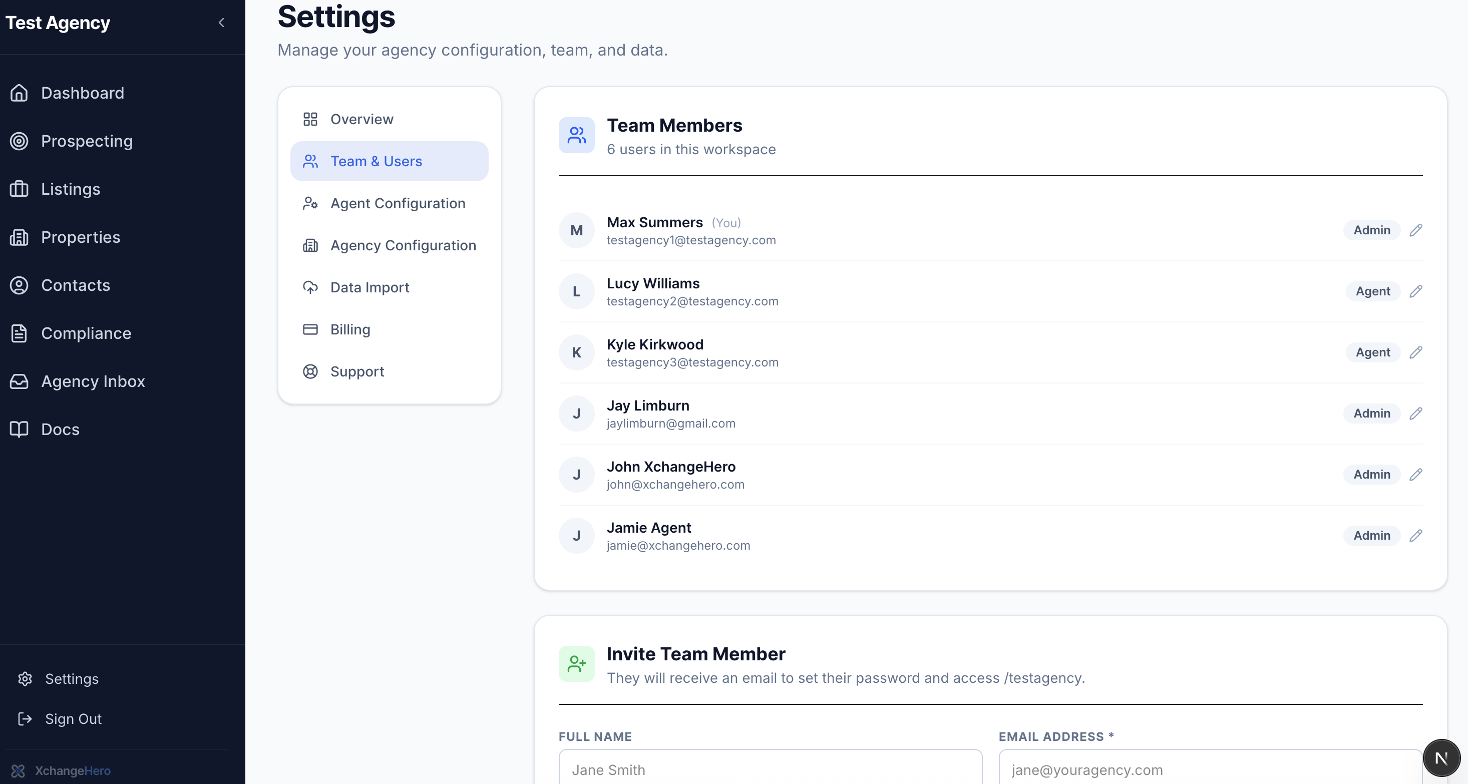 Settings hub highlighting Team and users card